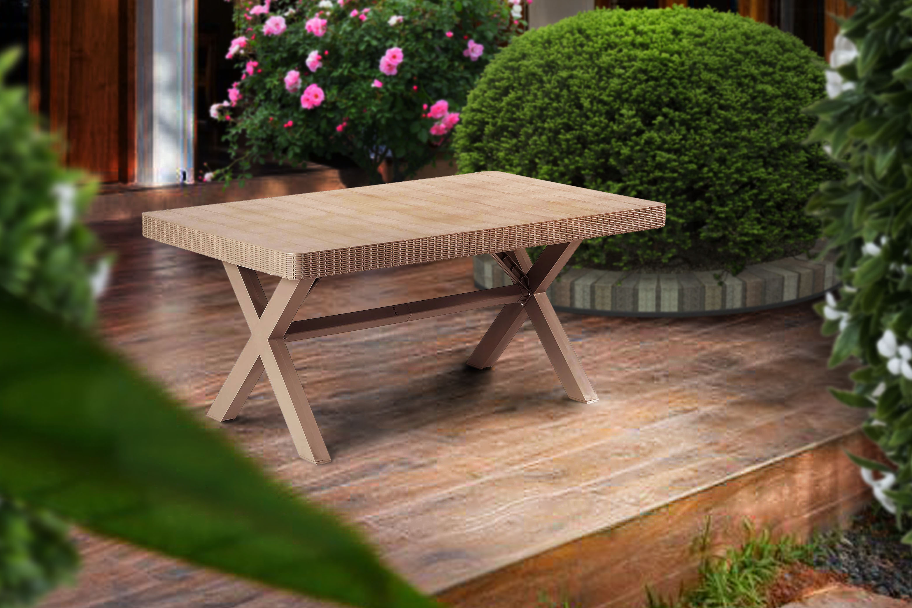 Садовый стол Beenera MANHATTAN DINING TABLE 6, подходящий для бара и кафе, с текстурой дерева и элементами под ротанг